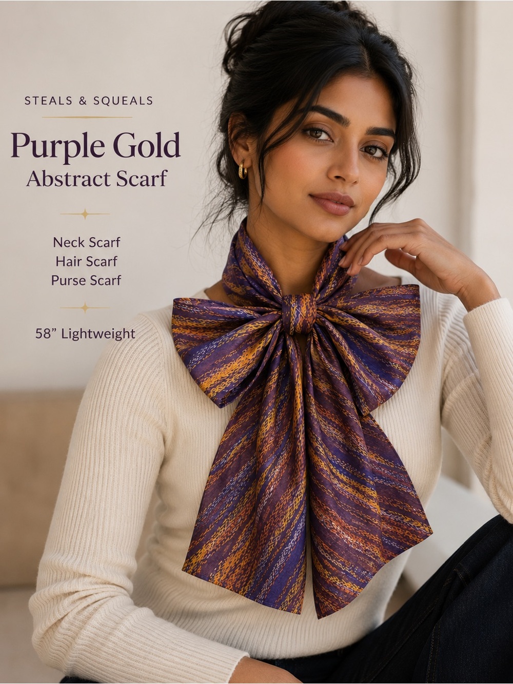 Purple & Gold Abstract Lightweight Fashion Scarf 58” Neck Hair Purse Wrap
